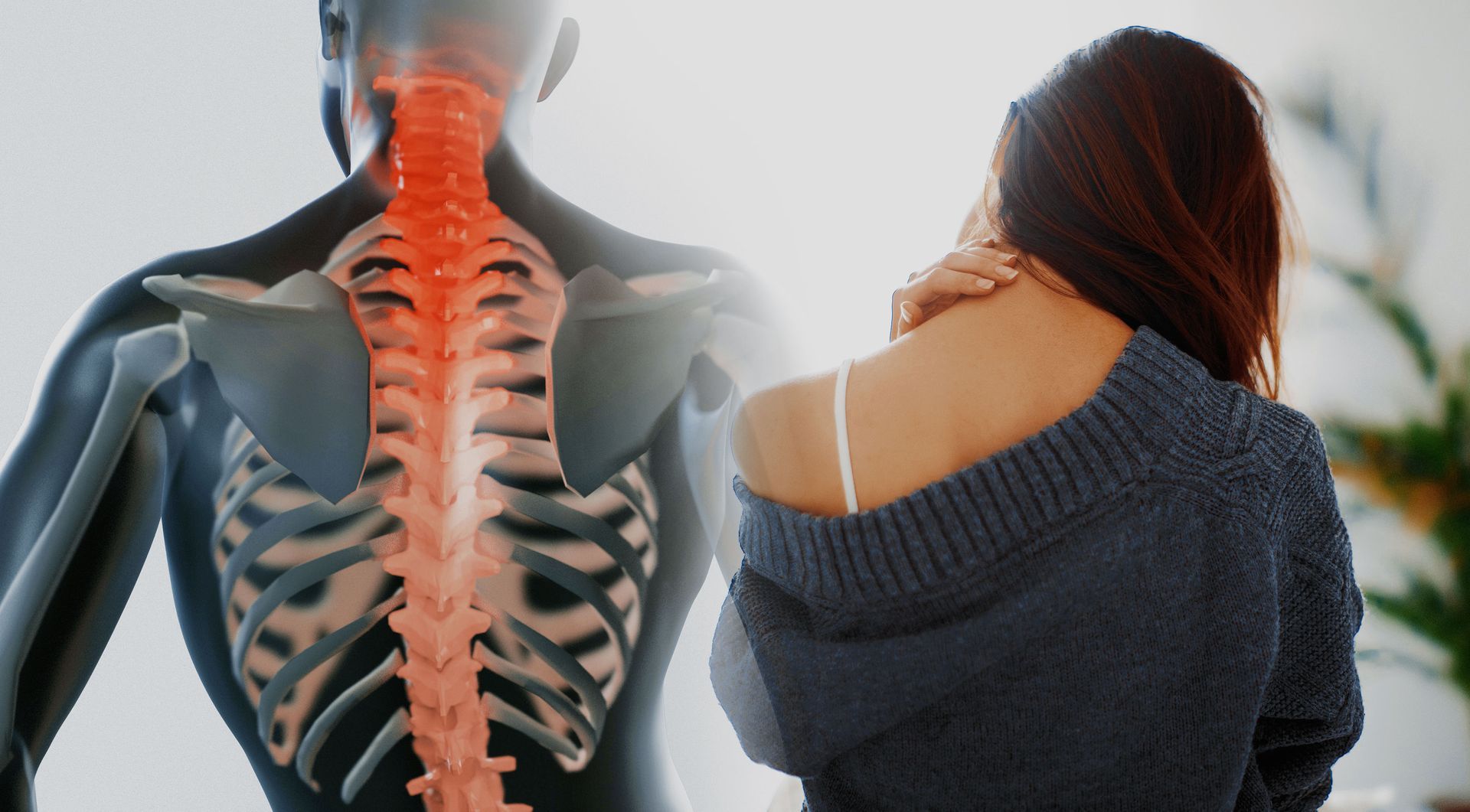 A woman is holding her neck in pain in front of a skeleton.