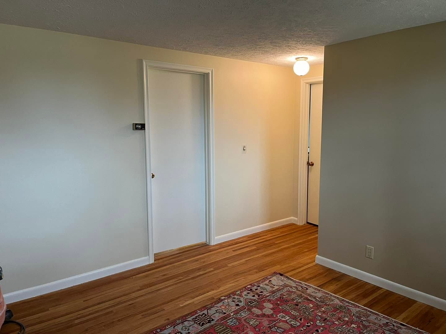 Empty beige room with wood floor, white doors, and a red patterned rug edge