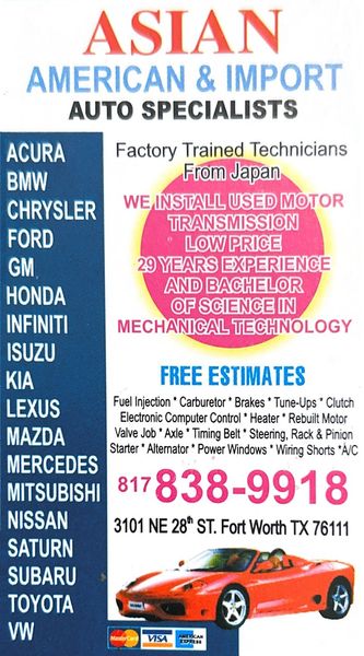 An advertisement for asian american and import auto specialists