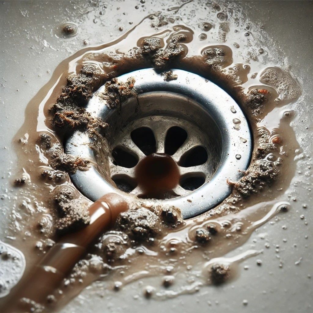 Clogged drain pipe with hair and grease buildup in a bathroom sink.
