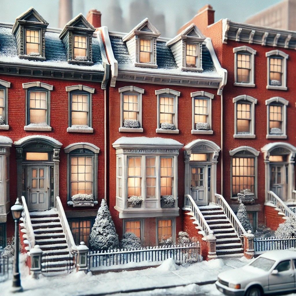 Philadelphia row home in winter with snow-covered ground, frosty windows, and overcast sky