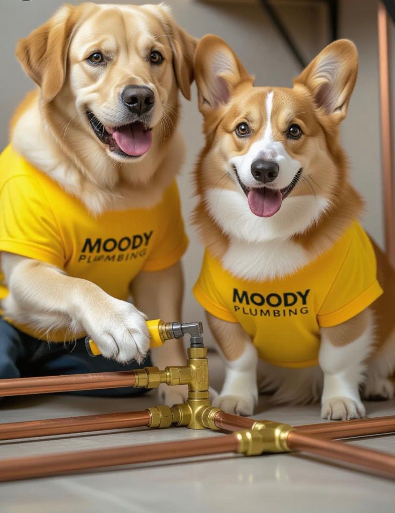 Cooper and Harlie fixing a pipe