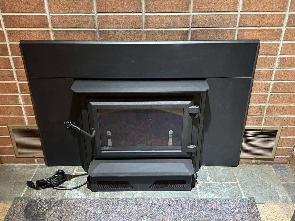 Black fireplace insert with closed door, set in brick and stone, on a gray rug.