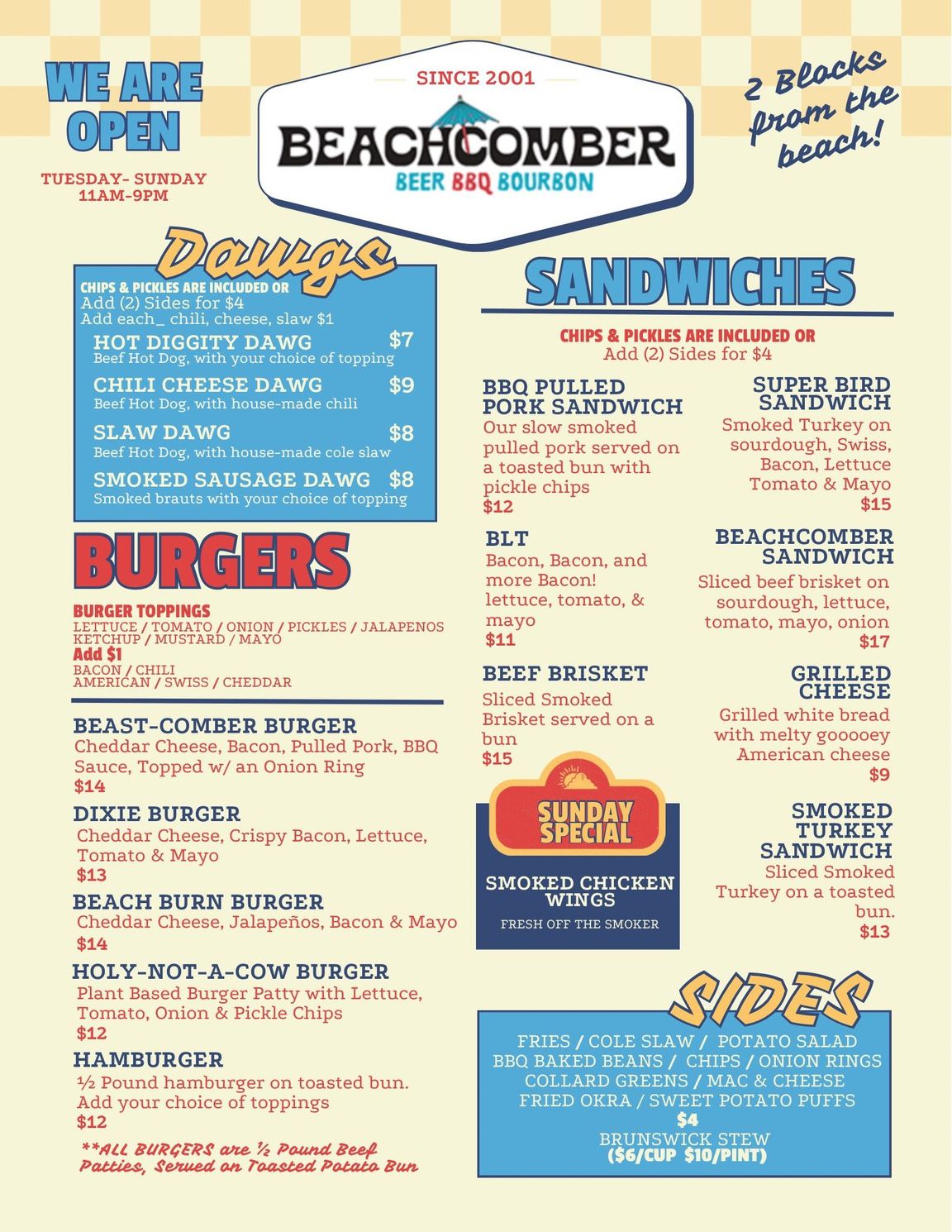Beachcomber restaurant menu with blue, white, and red sections for drinks, sandwiches, burgers, and sides.