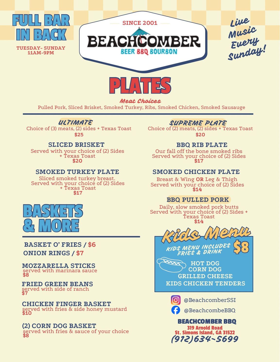 Beachcomber restaurant menu flyer with plates, baskets, and kids menu in blue, red, and cream tones