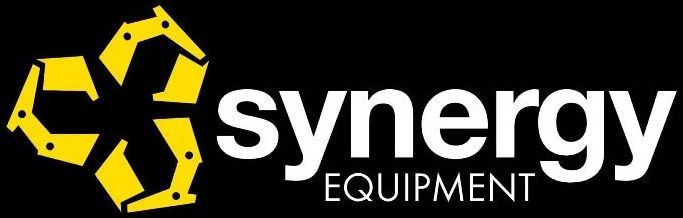 The synergy equipment logo is yellow and white on a black background.