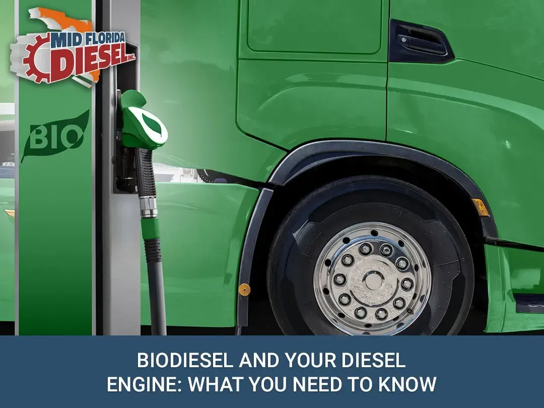 Green biodiesel truck at a fuel pump with “Biodiesel and your diesel engine: what you need to know” text