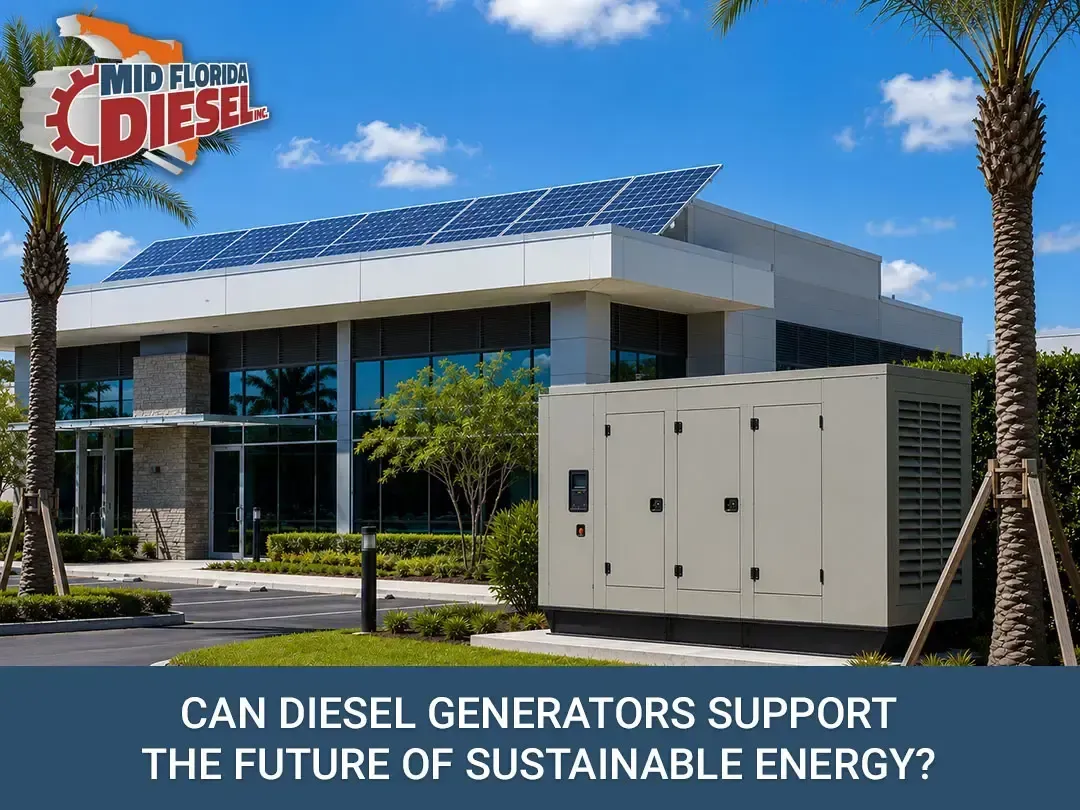 Commercial building with rooftop solar panels and a white diesel generator, under a blue sky.