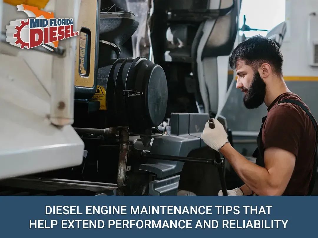 Mechanic inspecting a diesel engine beside a truck, with text about diesel maintenance tips.