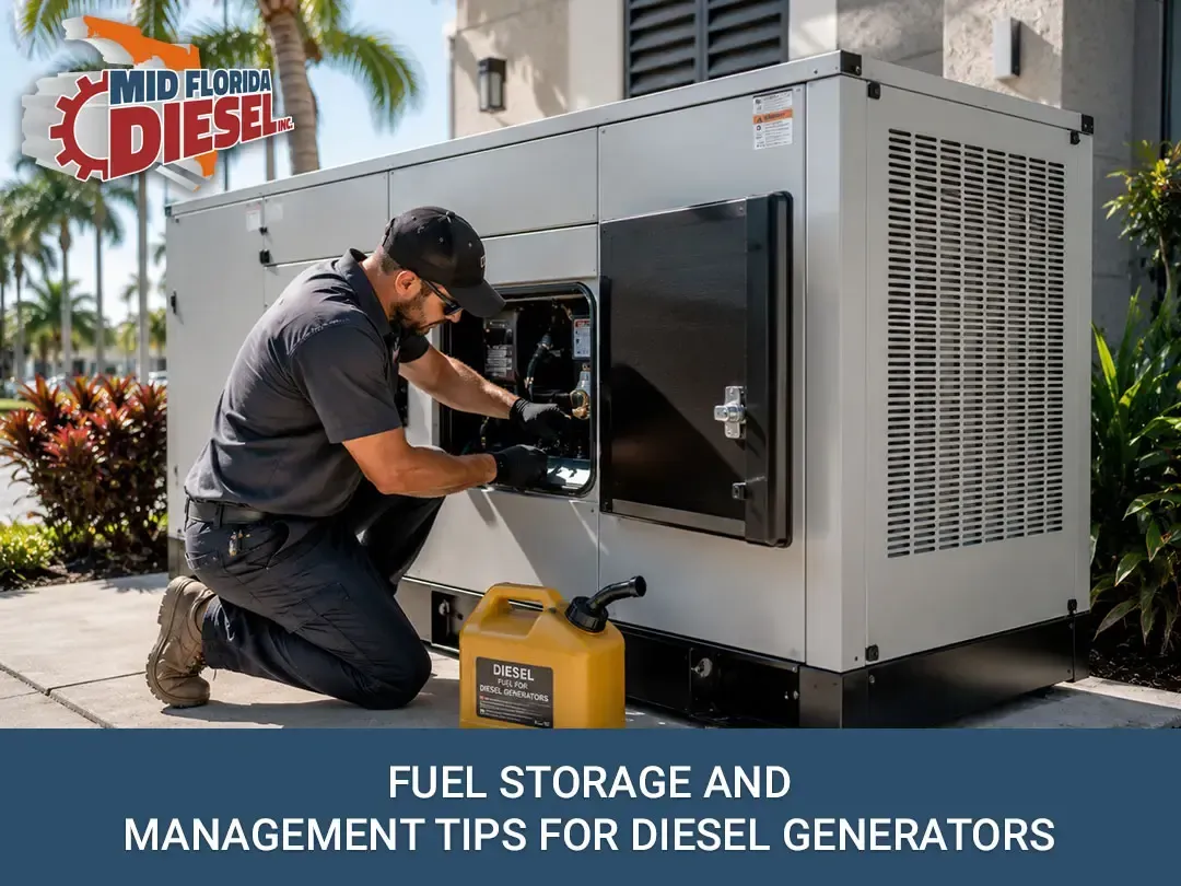 Technician kneels beside a fuel storage and management generator system, inspecting the open panel outdoors.