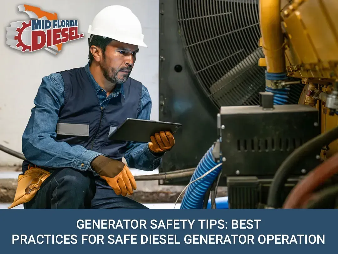 Technician in hard hat inspecting generator equipment in an industrial setting with safety tips text.