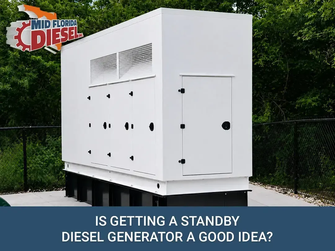 White standby diesel generator on a platform outdoors, with a “Midwest Diesel” logo and caption.