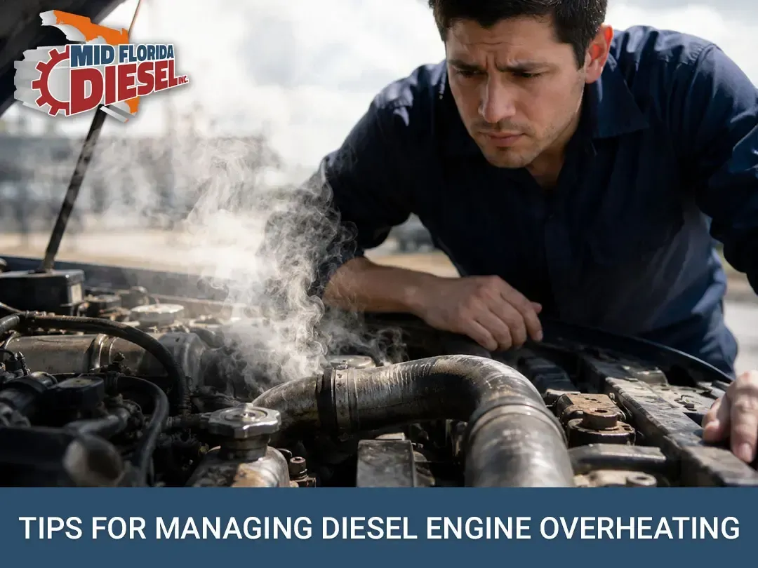 Mechanic inspecting steaming diesel engine with text: “Tips for Managing Diesel Engine Overheating”