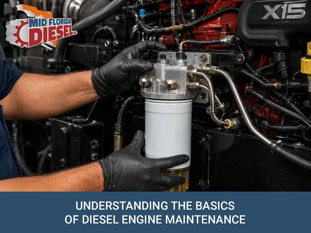 Mechanic installing a clear diesel fuel filter on an engine in a workshop