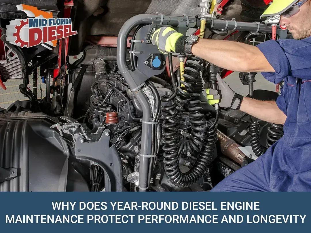 Technician servicing a diesel engine with hoses and tools in a workshop, with “Why does year-round diesel engine maintenance matter?” text.