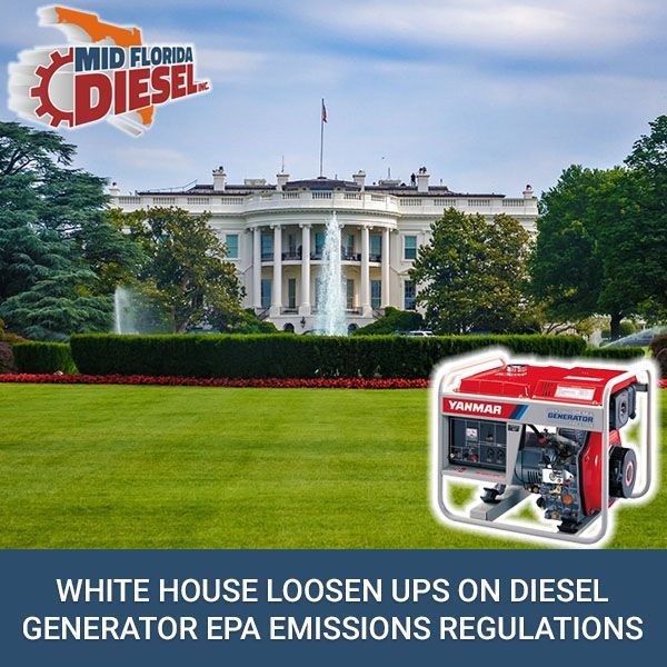 White House lawn with Mid Florida Diesel logo and generator ad, caption about diesel emissions regulations
