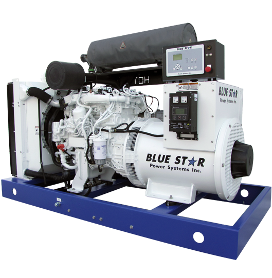 Blue Star diesel generator on a blue frame, with white engine and control panel.