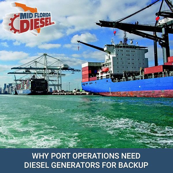Port with cargo cranes and ship; Mid Florida Diesel logo and text, “Why port operations need diesel generators for backup”