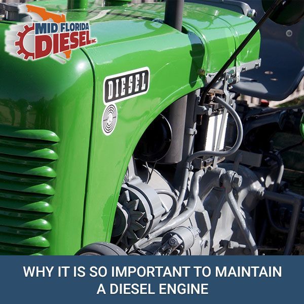 Green diesel engine close-up with “Mid Florida Diesel” logo and text about maintaining a diesel engine