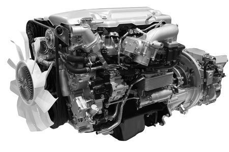 Automobile engine with radiator and cooling fan, shown on a white background
