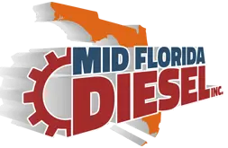 Mid Florida Diesel Inc. logo with orange Florida outline, gray gear, and red and blue text