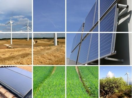 Collage of solar panels and wind turbines in a sunny rural landscape.