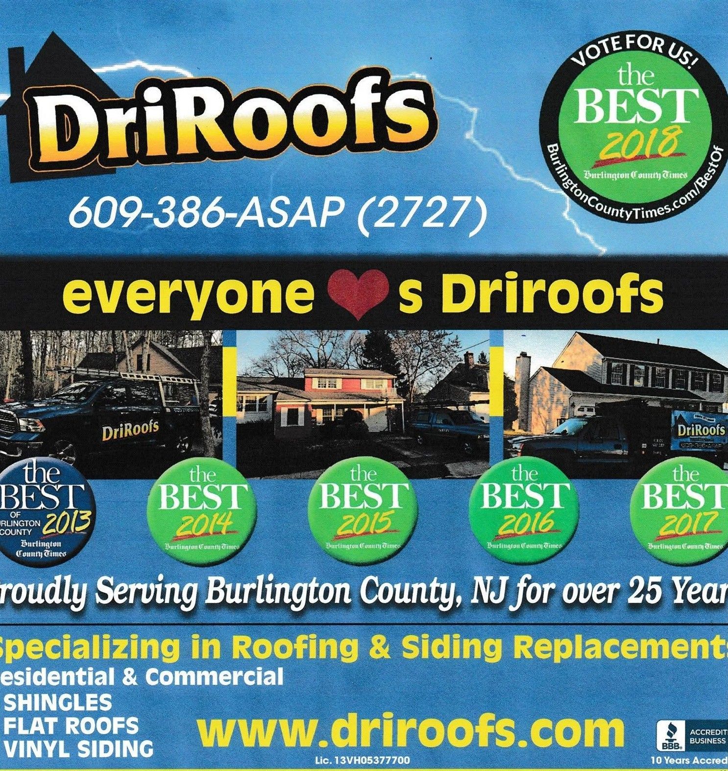 DriRoofs roofing ad with blue sky background, phone number, service badges, and Burlington County NJ text