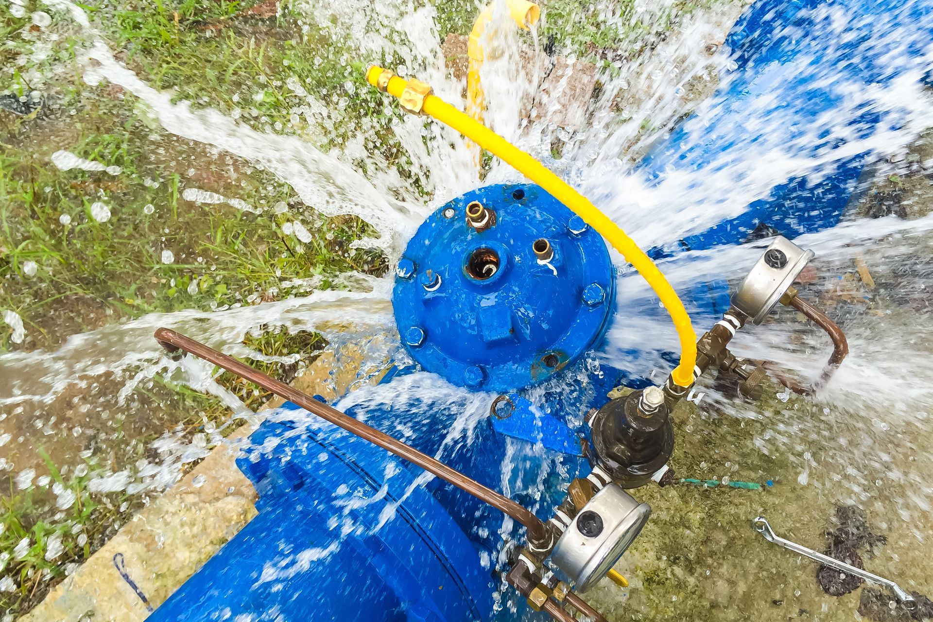 Blue water pipe with water spraying out, yellow hose and gauges attached.