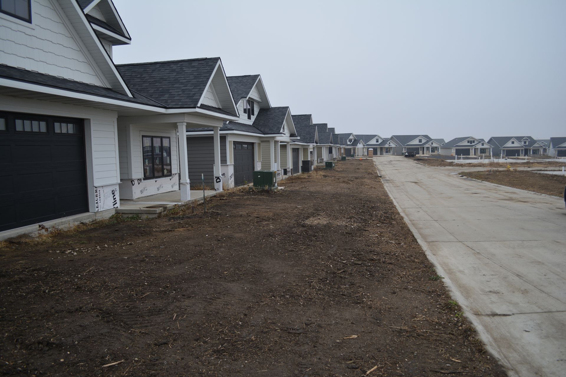 Row of new houses with black garage doors, white trim, and a gray road. Overcast sky.