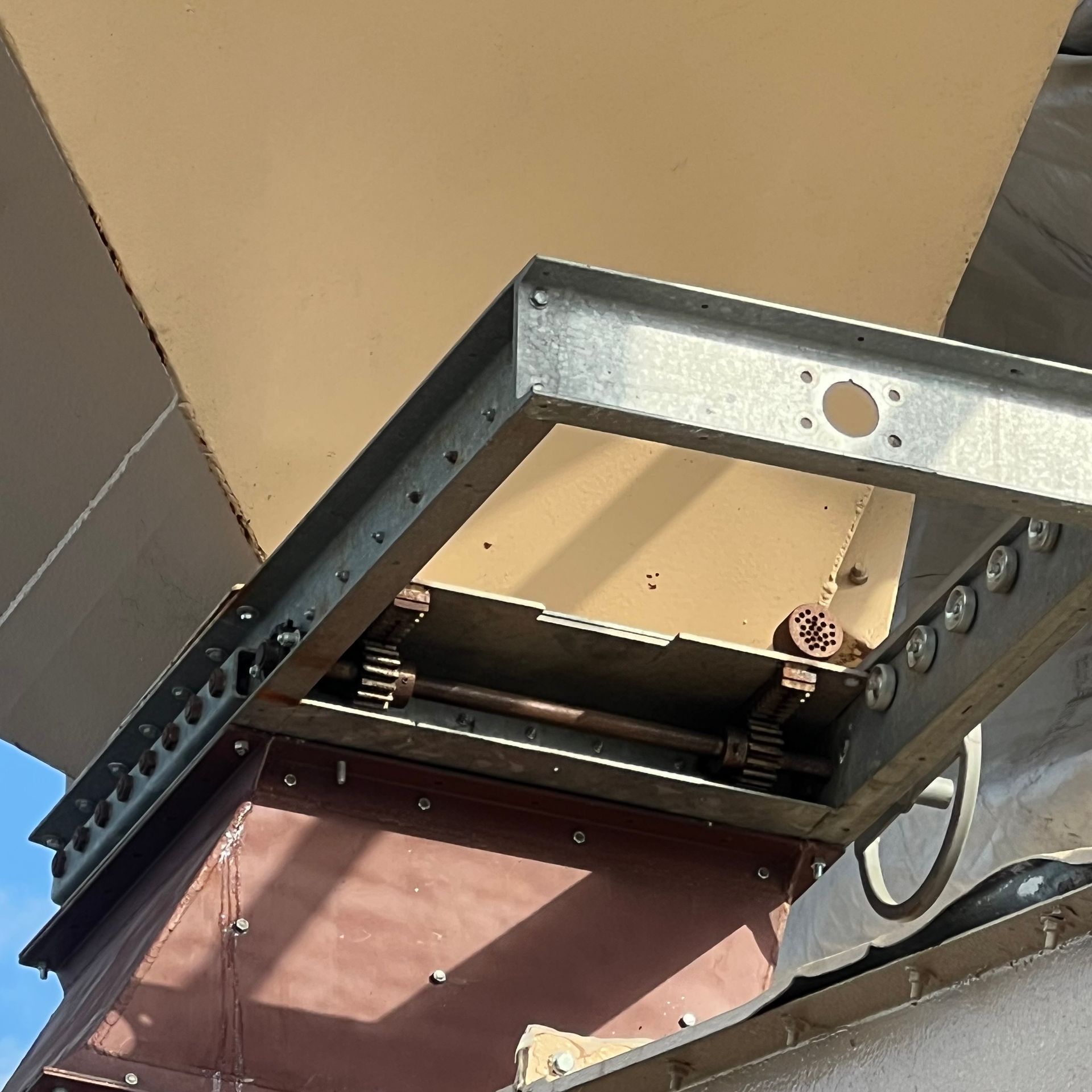 A close-up of a metal structure on a building