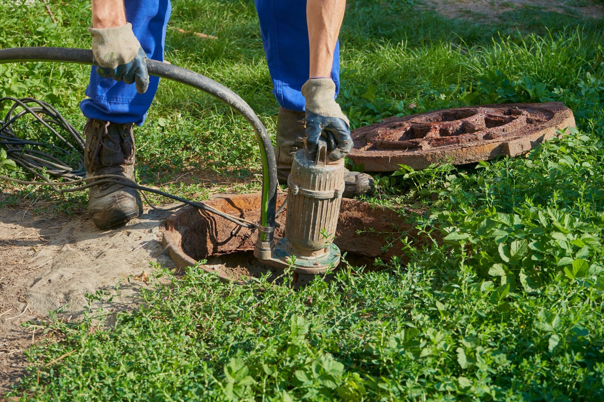 Worker using a jackhammer to break up a metal utility cover on a grassy roadside