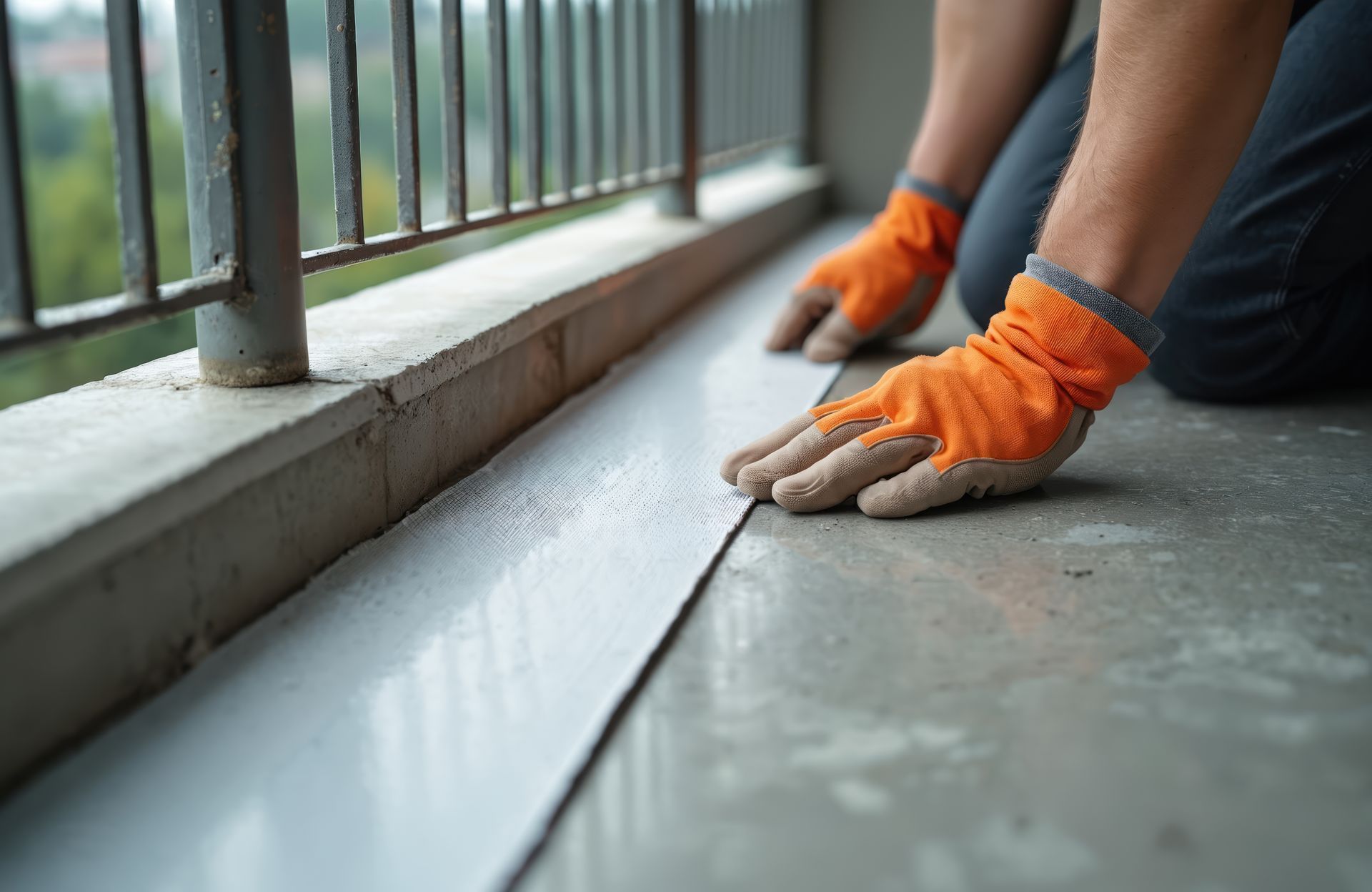 Person wearing orange work gloves sealing a floor seam beside a railing indoors