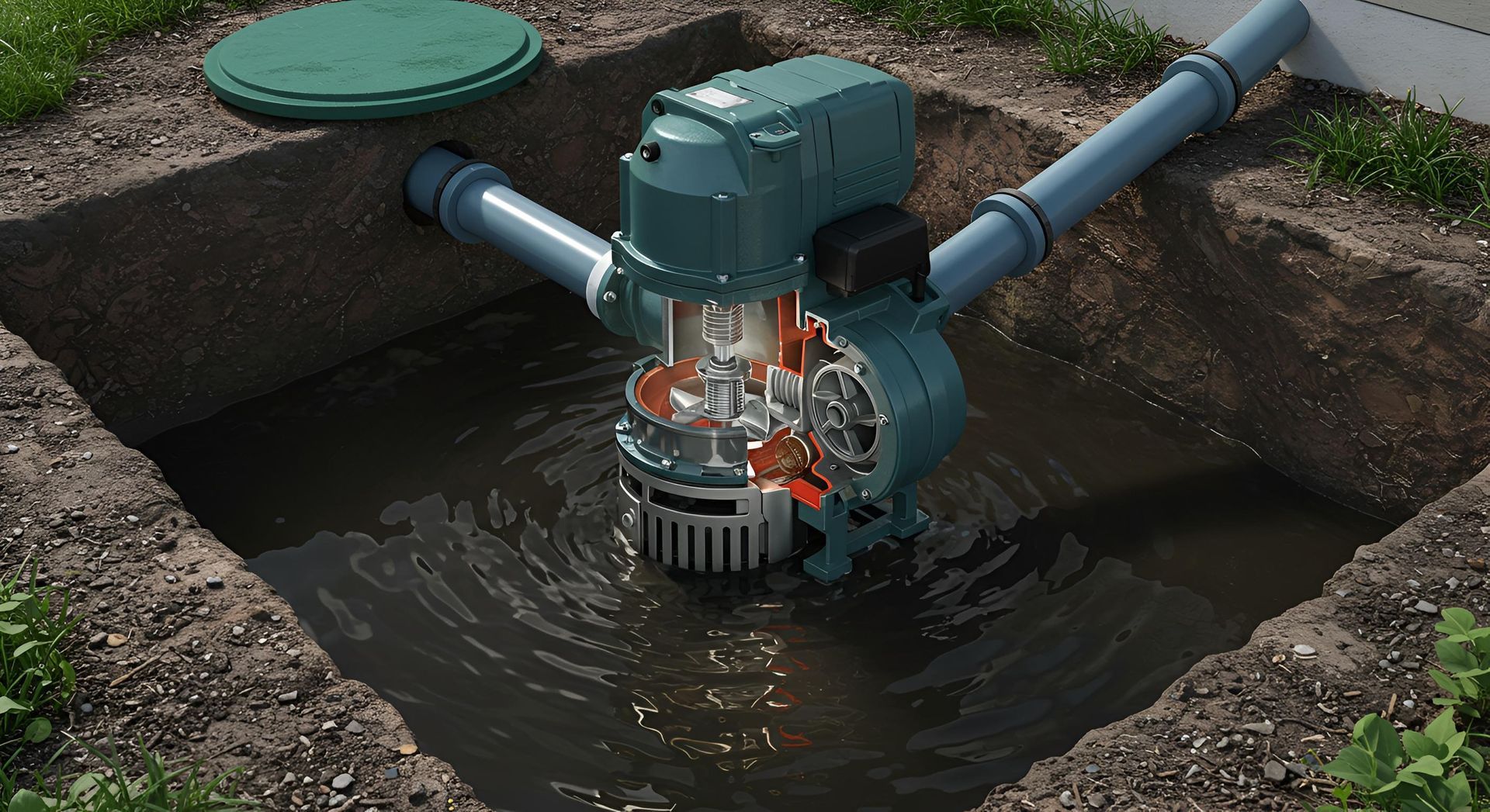 Submersible pump operating in a flooded utility pit with pipes and an open manhole cover