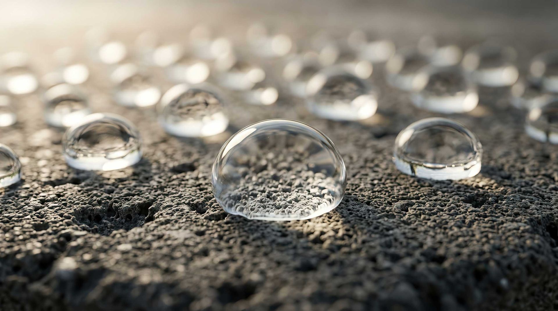 Clear water droplets on a textured dark surface, with a blurred sunlit background.