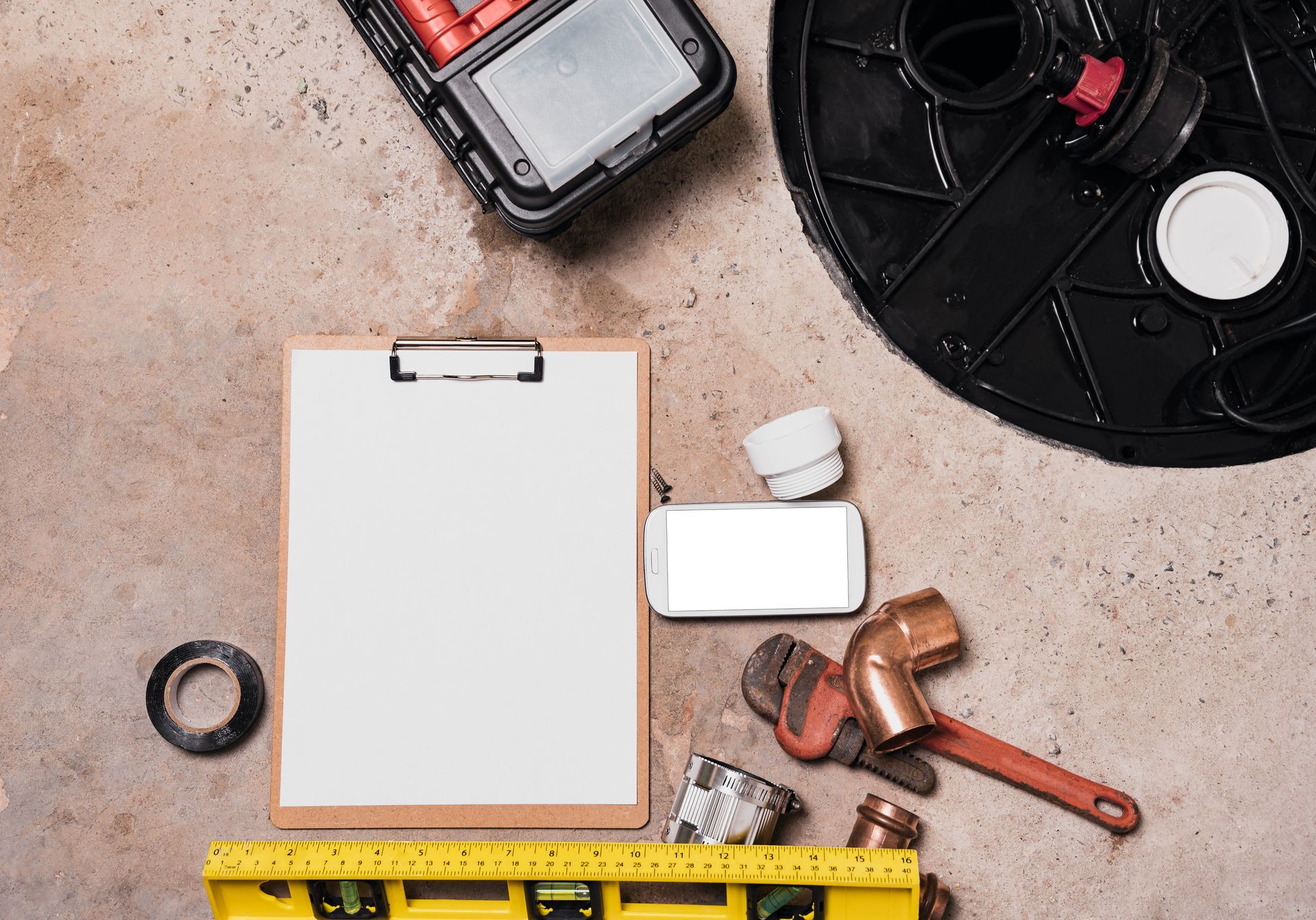 Top-down view of tools and supplies on a work surface, including a clipboard, tape, wrench, and measuring tape.