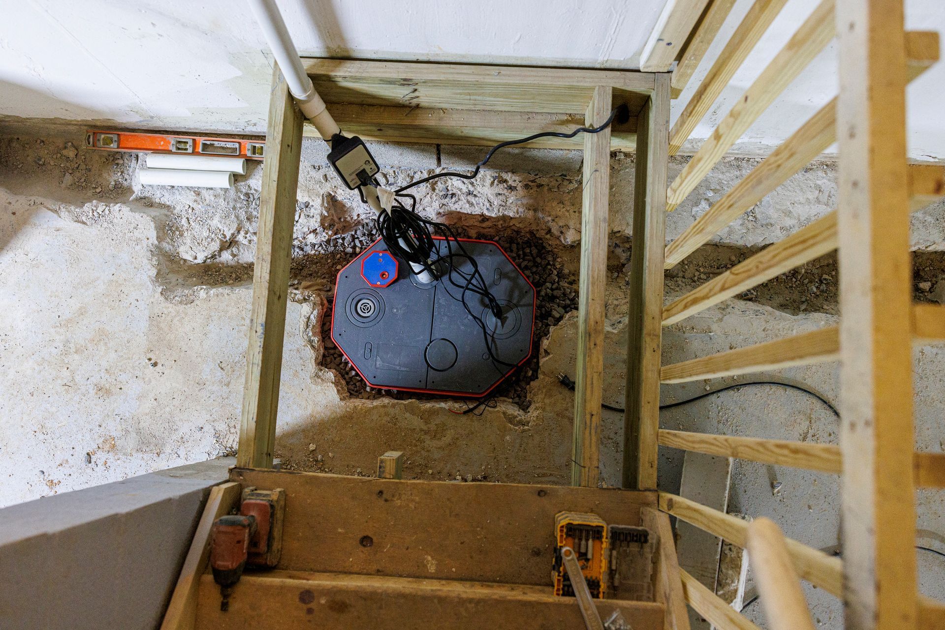 Top-down view of a stairwell with a round hatch opening and exposed wires on a concrete floor
