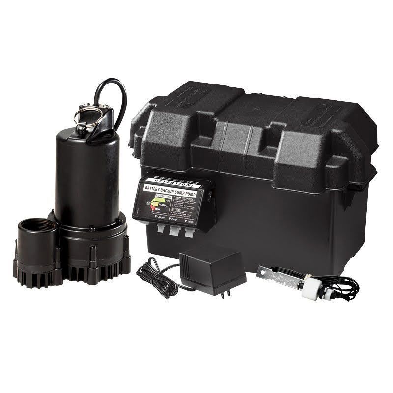 Black portable battery box kit with cylindrical pump, cables, and charger on white background