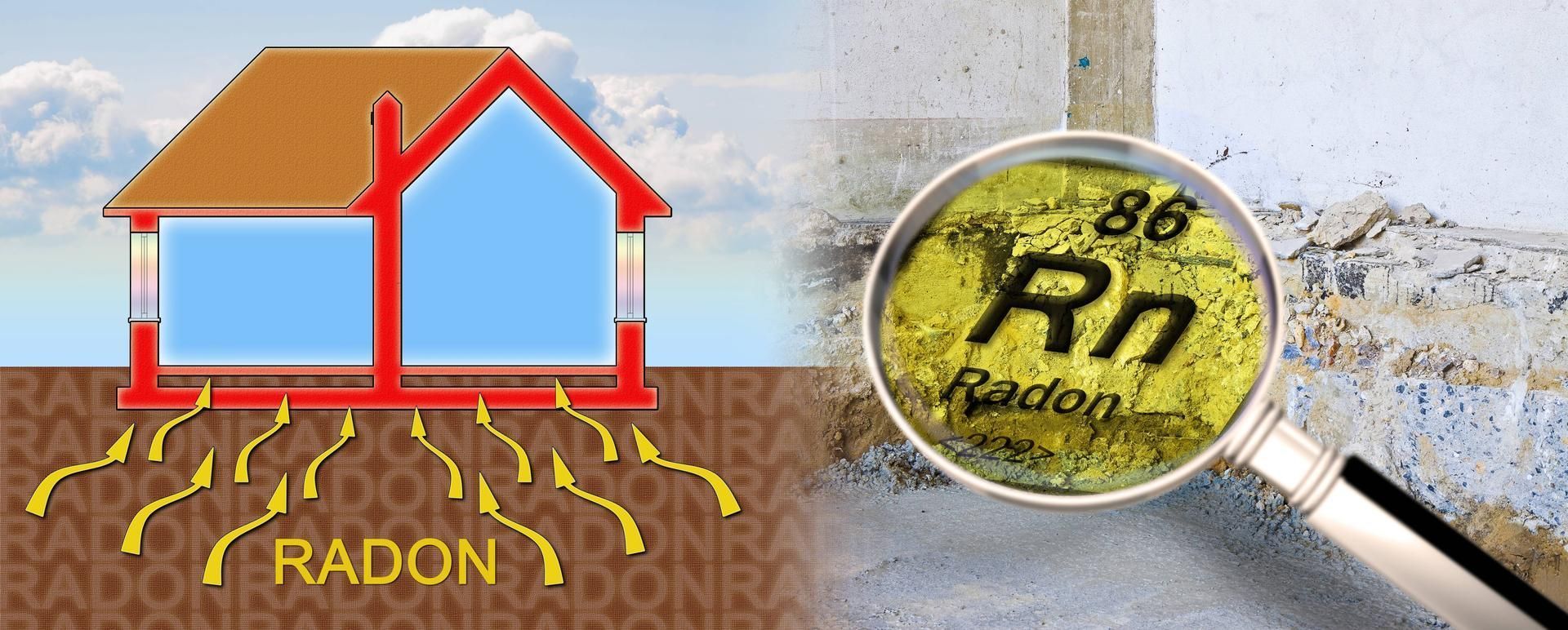 Radon awareness graphic: house with rising radon lines beside a magnifying glass over “Rn” label