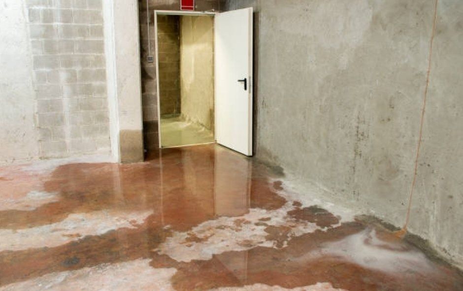 Flooded indoor room with water covering the floor and an open white door in the back.
