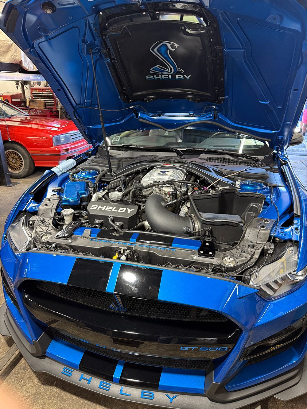 Blue Shelby Mustang with hood open, black stripes, engine visible, garage setting.