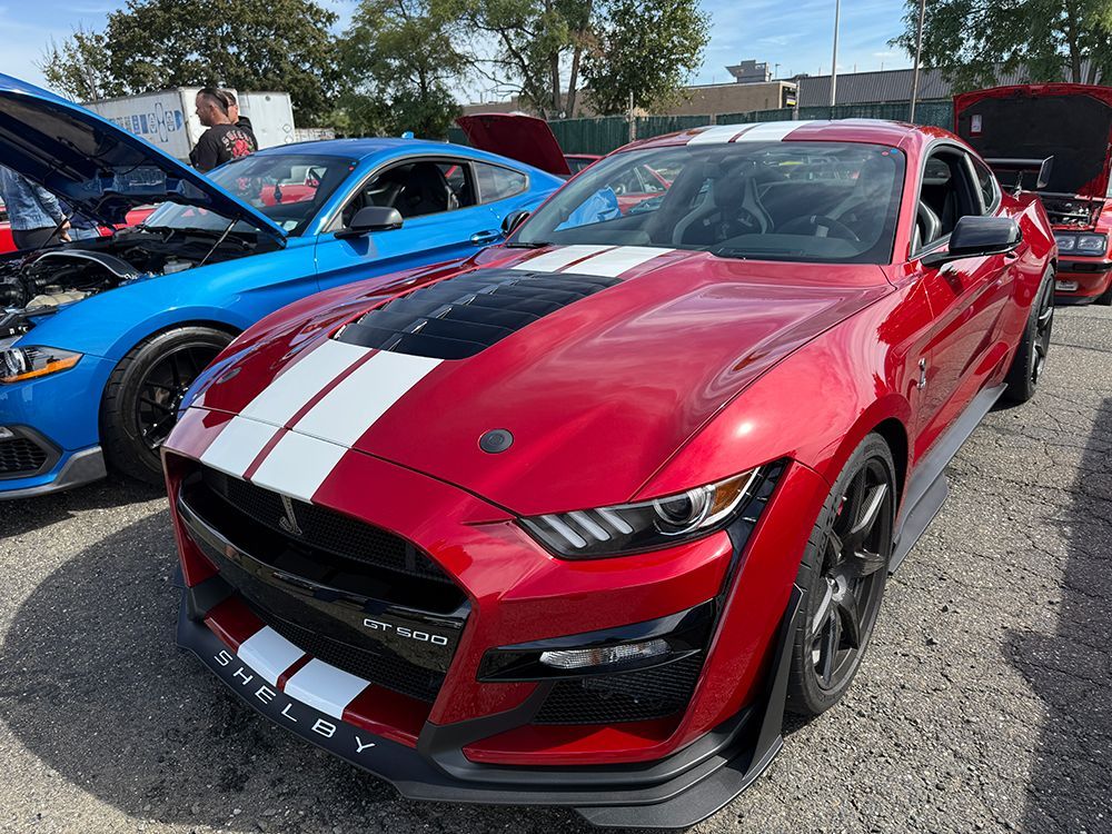 Red Shelby GT500 Mustang with white stripes, parked outside, with a blue Mustang nearby.