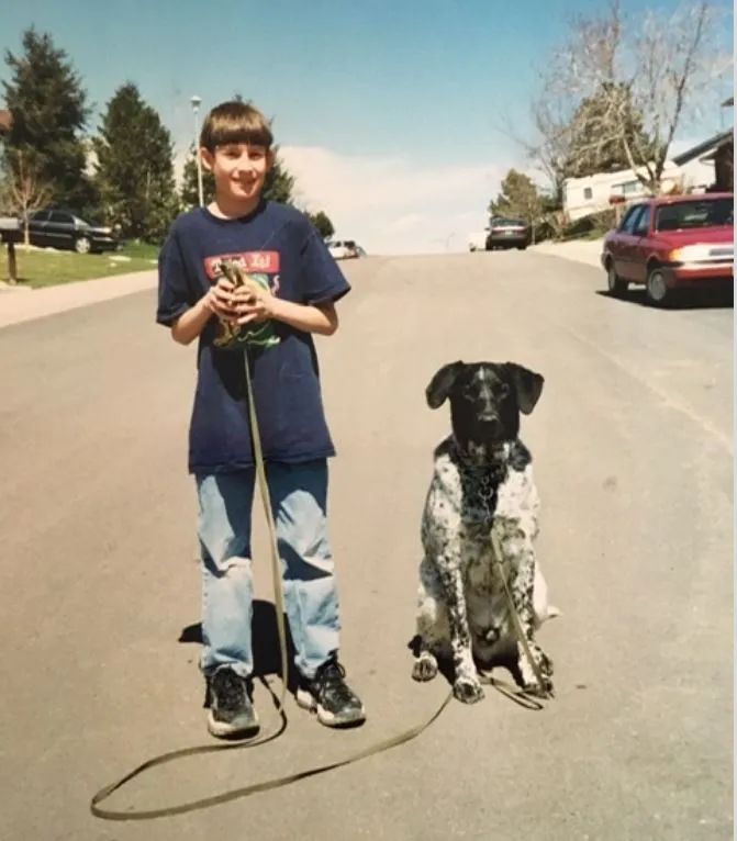 A boy in a blue shirt is walking a dog on a leash