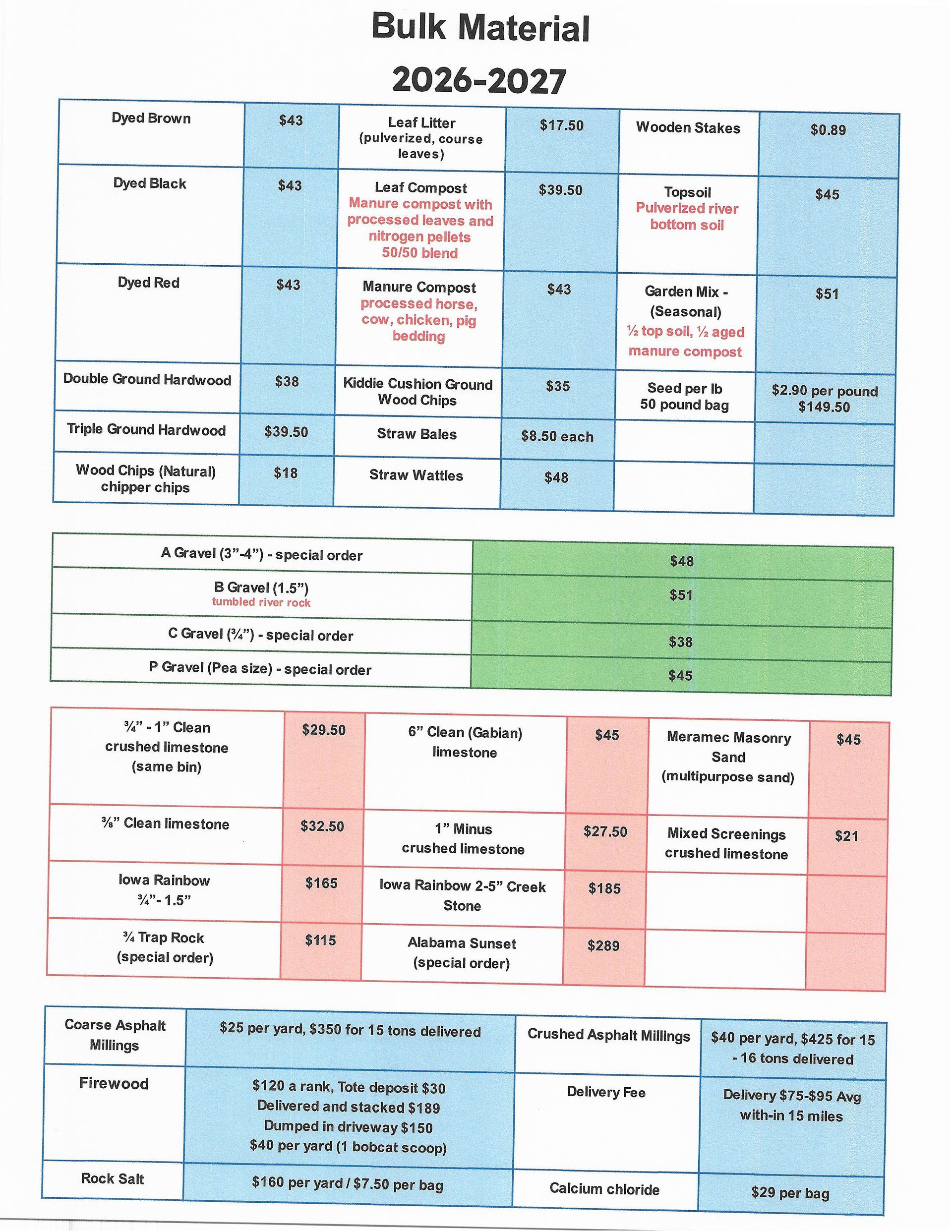 Color-coded bulk material 2026–2027 schedule chart with sections and handwritten notes.