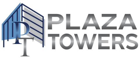 a logo for plaza towers with a building in the background.