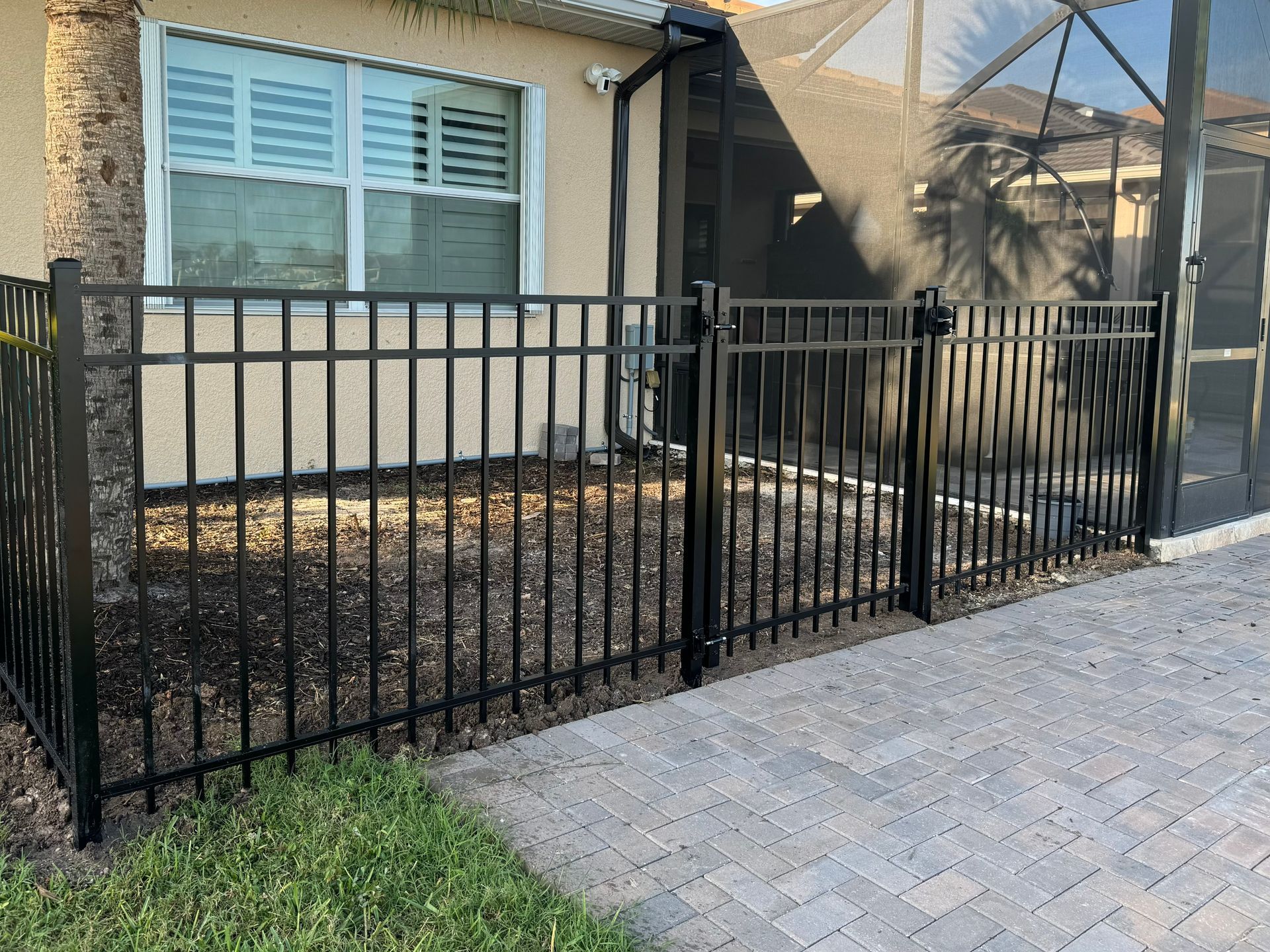 A black metal fence enclosing a small backyard area with a gate, a window, and a palm tree is visible.