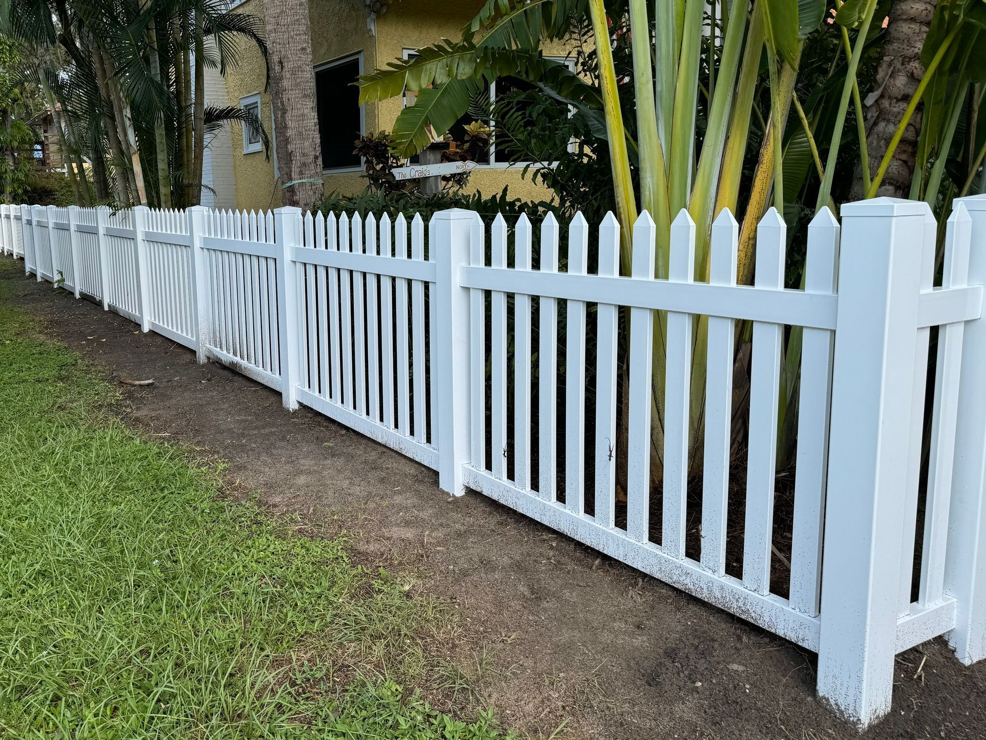 A white picket fence bordering a lawn, with a house and tropical plants in the background.