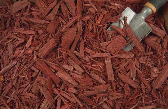 A shovel is sitting on top of a pile of red mulch.