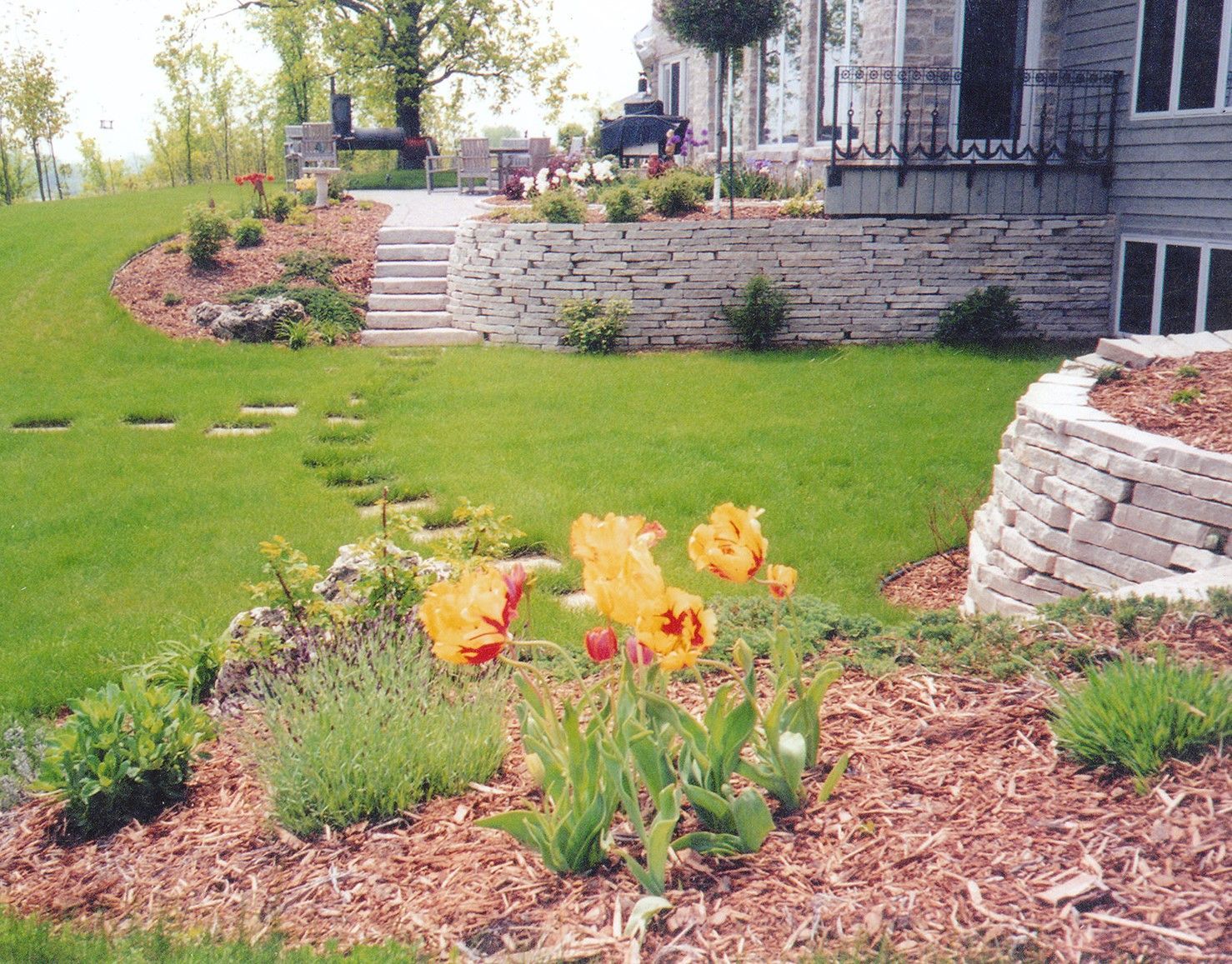 A lush green lawn with flowers in front of a house