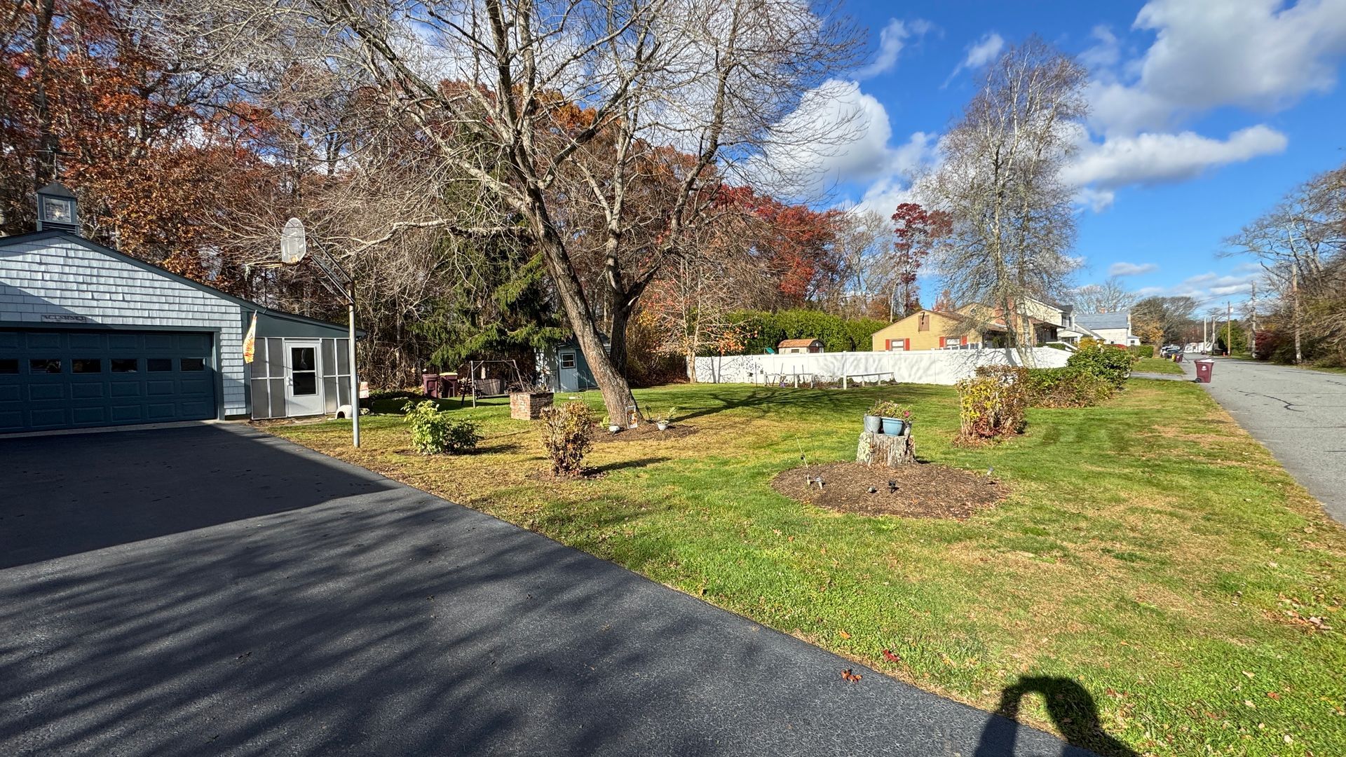 Garage and yard with sparse vegetation on a sunny day. Road at the right.