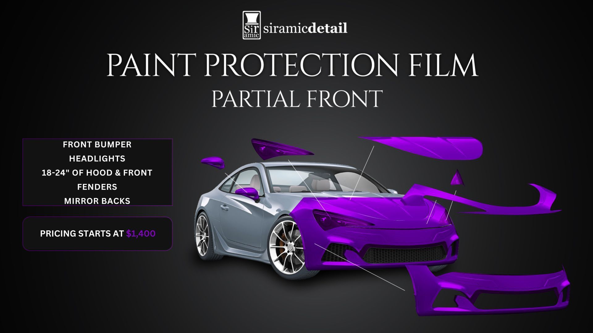 A purple car with paint protection film on it.